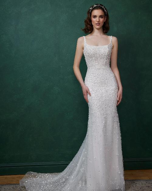 La23231 beaded square neck wedding dress with train and tank straps1